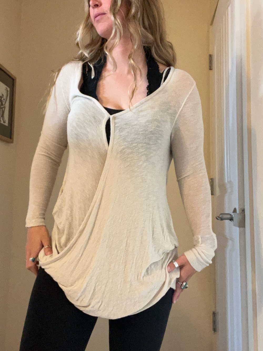 Free People Light Beige Long Sleeve Draped Women's Top